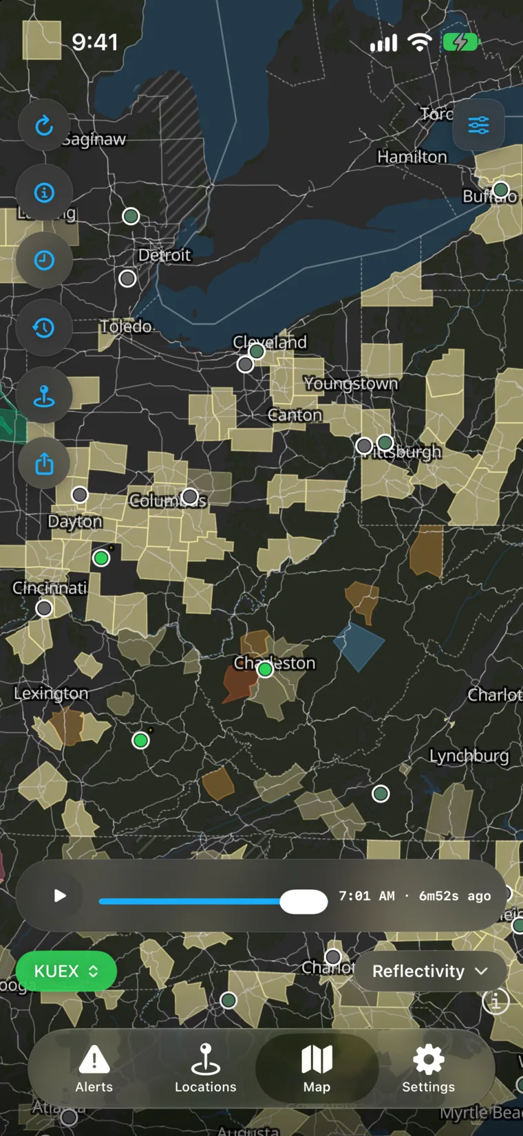WeatherAlarm’s map over Ohio, Pennsylvania and West Virginia with the power-outage layer on: dozens of counties shaded by the share of tracked customers who are out, a handful darker around Charleston, and hatching over the counties nobody publishes an outage feed for.