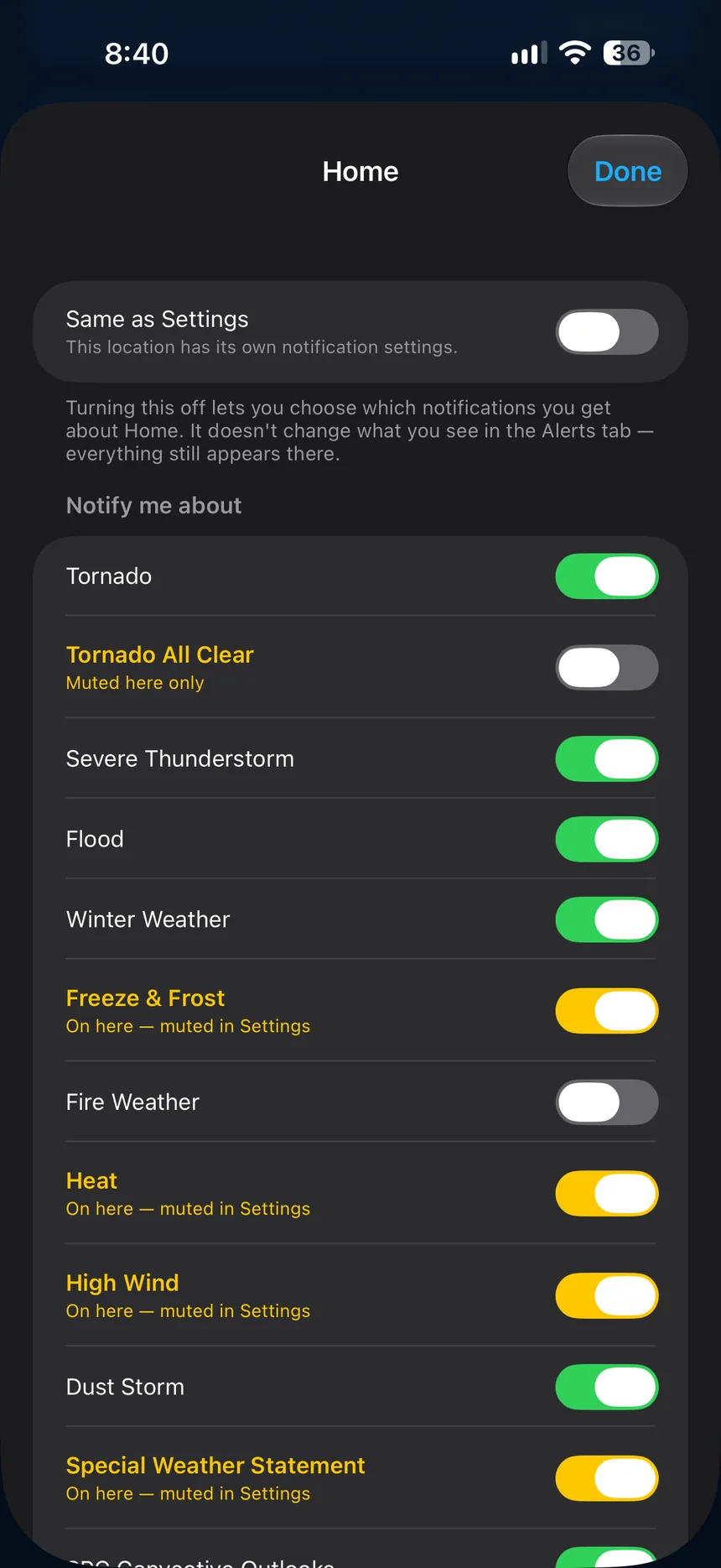 Per-location notification settings for Home, with some categories on here but muted in Settings.