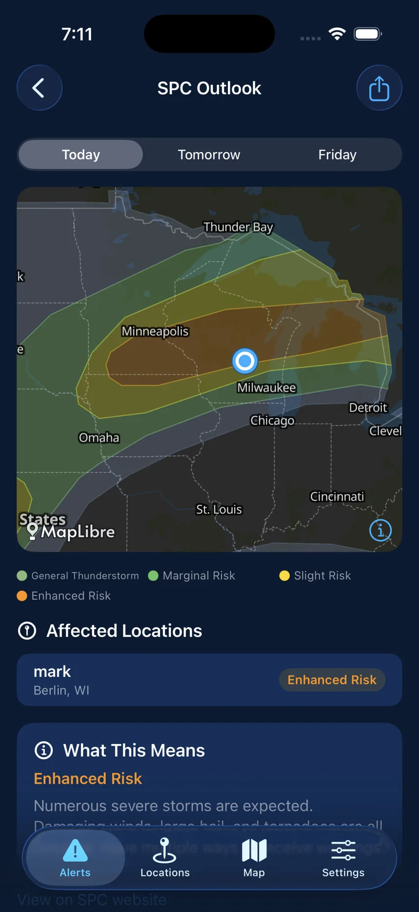 The Storm Prediction Center outlook for today with an Enhanced Risk area and the affected location listed beneath it.