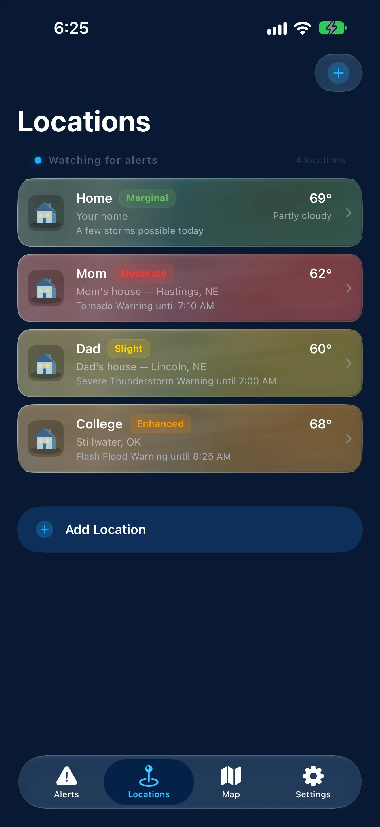 WeatherAlarm 3 Locations screen showing four sample saved places, forecasts, and severe-weather outlooks on glass cards.