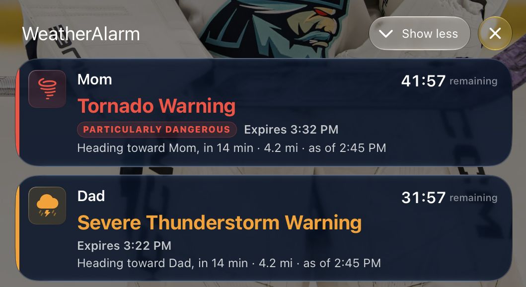 Two WeatherAlarm Live Activities on an iPhone Lock Screen: Mom, Tornado Warning, Particularly Dangerous, expires 3:32 PM, heading toward Mom in 14 minutes, 41:57 remaining; and Dad, Severe Thunderstorm Warning, expires 3:22 PM, 31:57 remaining.